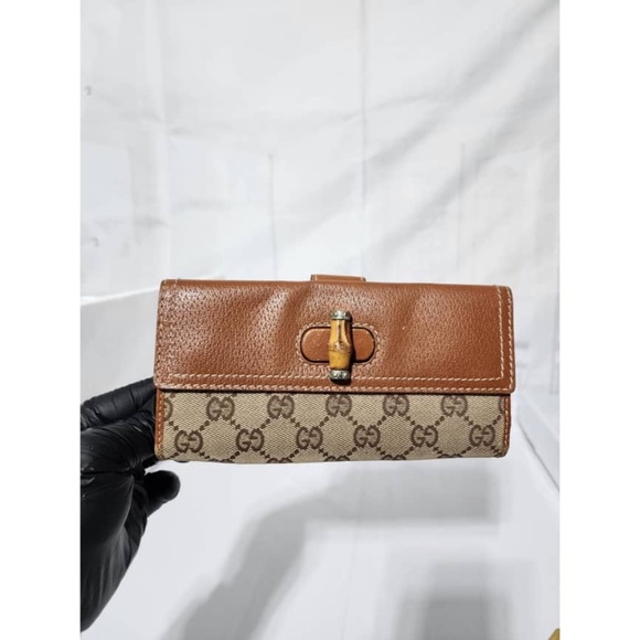 Authentic GUCCI Vintage Monogram Bamboo Continental Wallet Brown/Beige - Picture 1 of 12